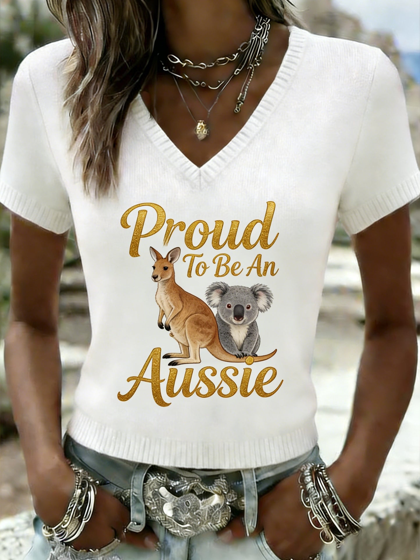 Women's Vintage Proud To Be An Aussie Casual V-neck Knit Short-Sleeve T-Shirt