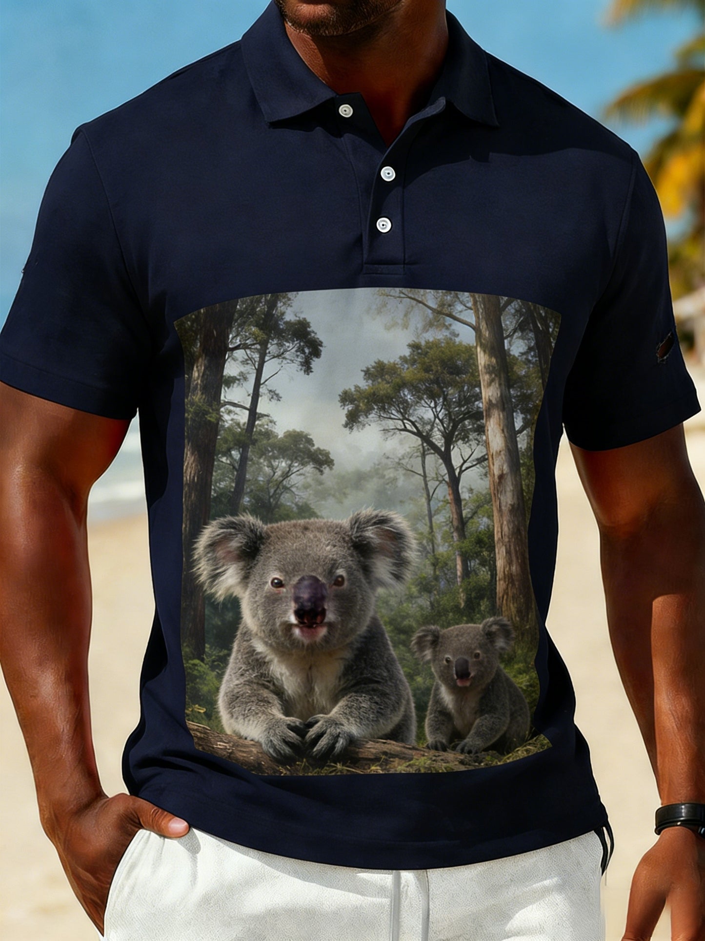 Men's Vintage Australian Holiday Koala Art Casual Short Sleeve Polo Shirt