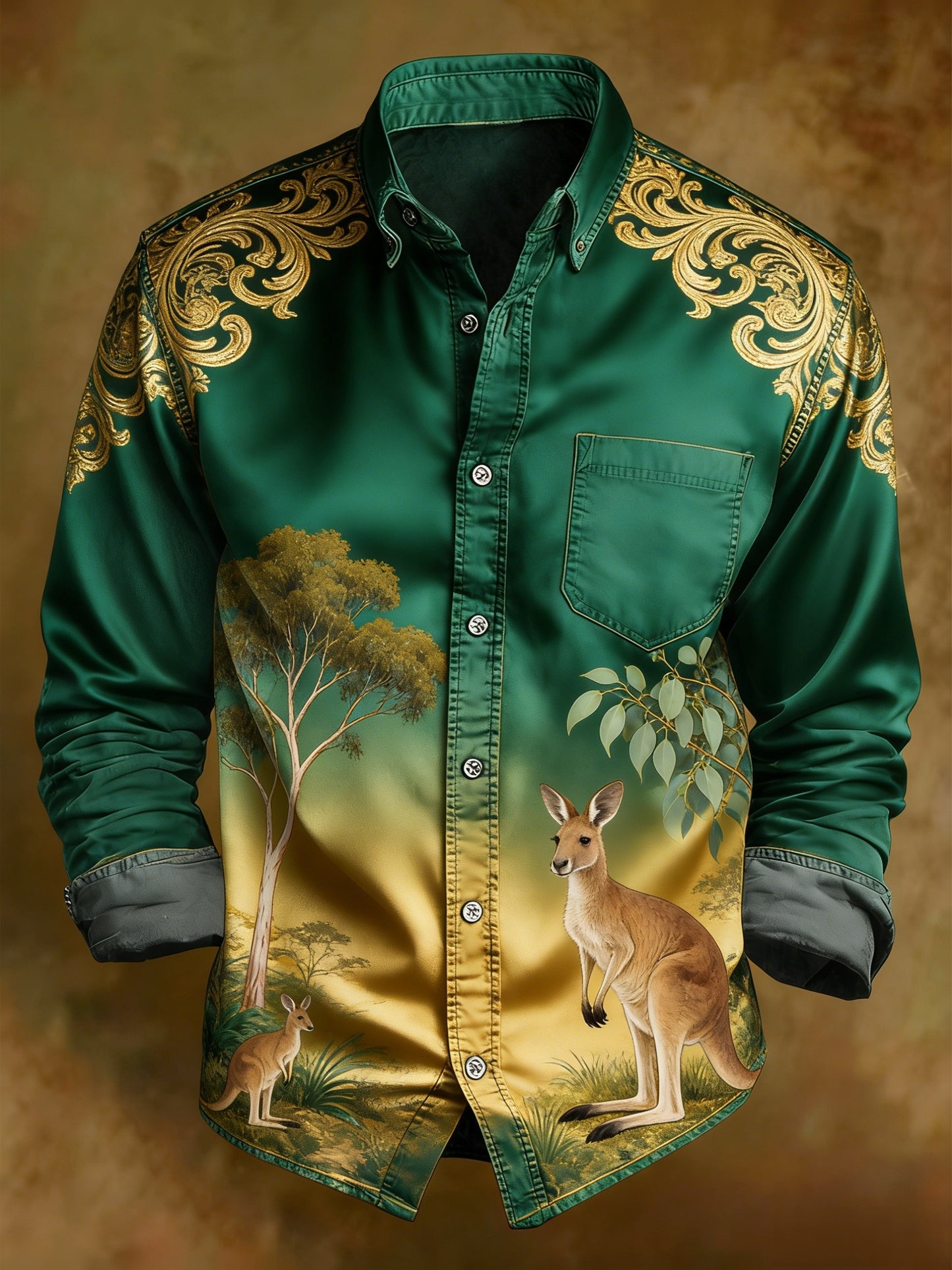Men's Vintage Australian Holiday Print Casual Long Sleeve Pocket Shirt