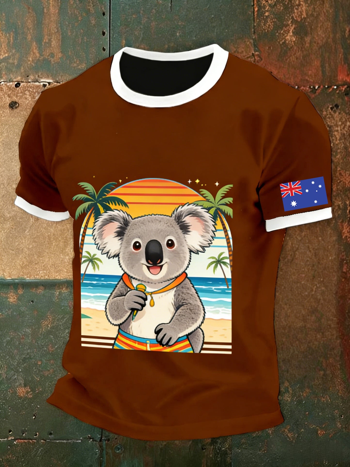 Men's Vintage Australian Flag Badge Koala Art Printed Casual Short-Sleeve T-Shirt