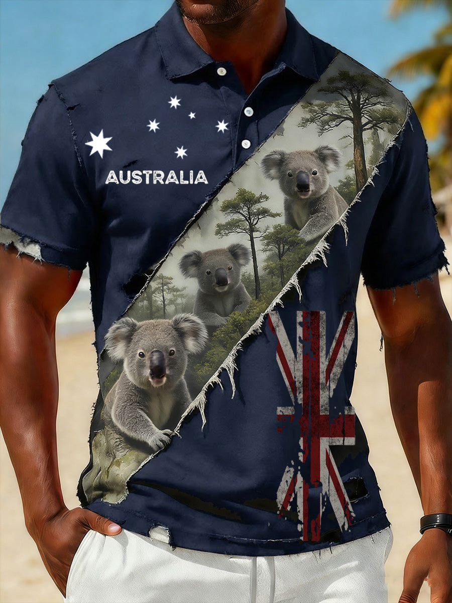 Men's Vintage Australian Flag Badge Printed Casual Cotton Short Sleeve Polo Shirt