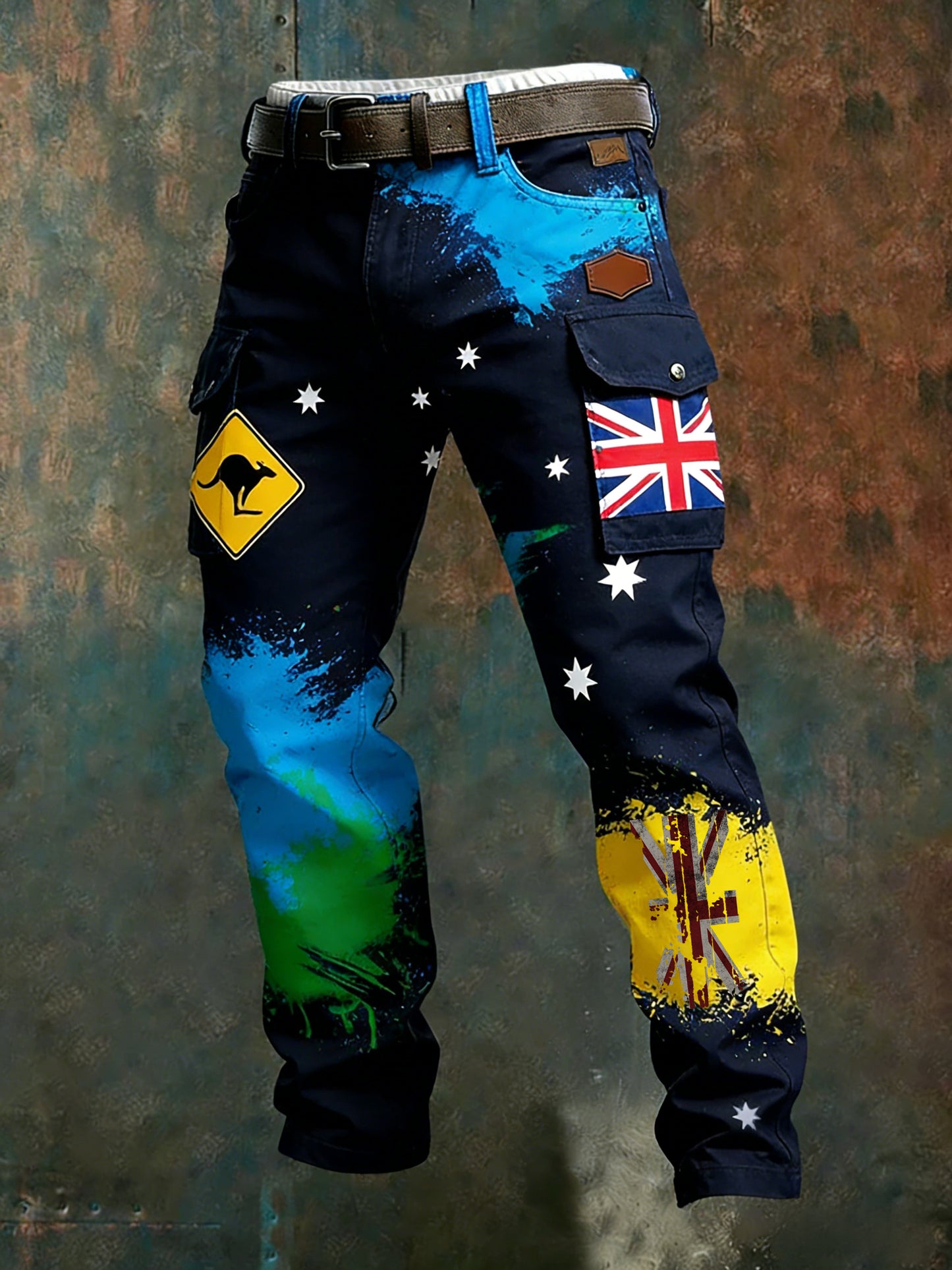 Men's Vintage Australian Flag Badge Distressed Pocket Cargo Pants