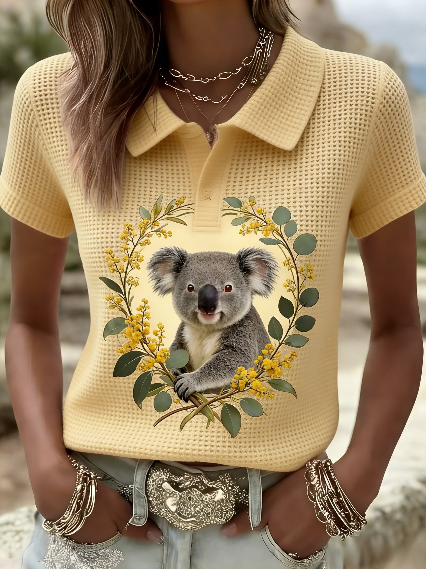 Vintage Australian Flag Badge Koala Print Casual Cotton Polo Shirt