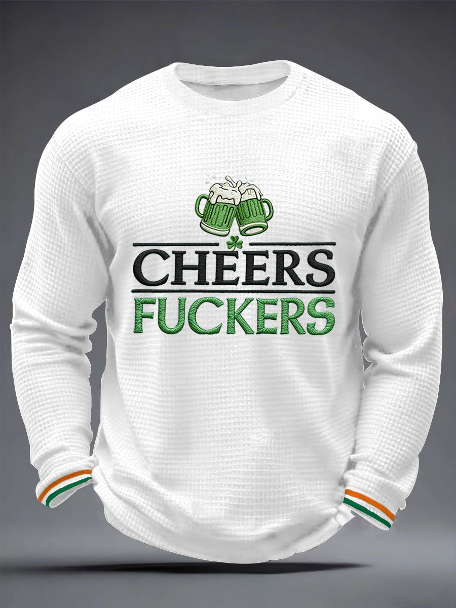 Men's Funny St. Patrick's Day Cheers F*ckers Green Beer Print Casual Waffle Long Sleeve T-Shirt