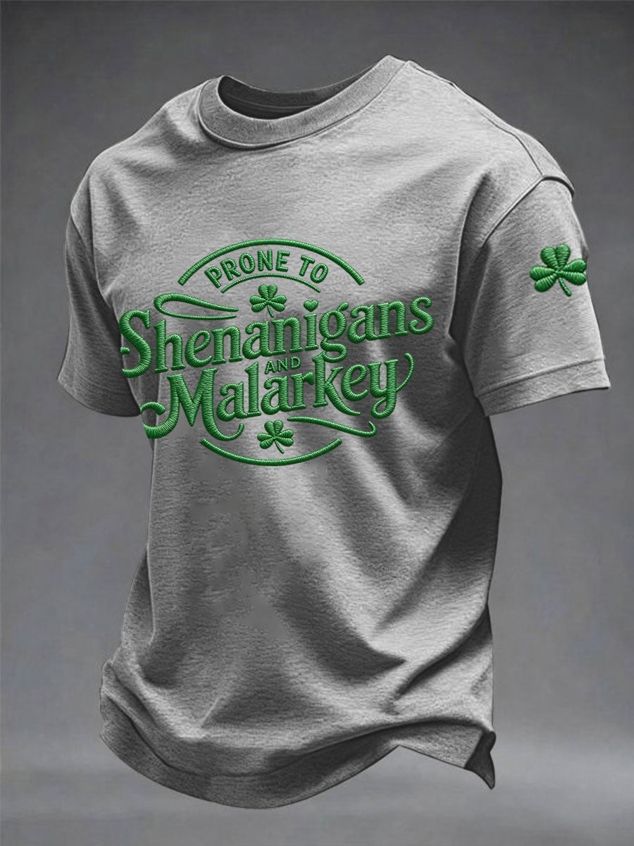 Men's Funny St. Patrick's Day Prone To Shenanigans And Malarkey Shamrock Print Casual Tee