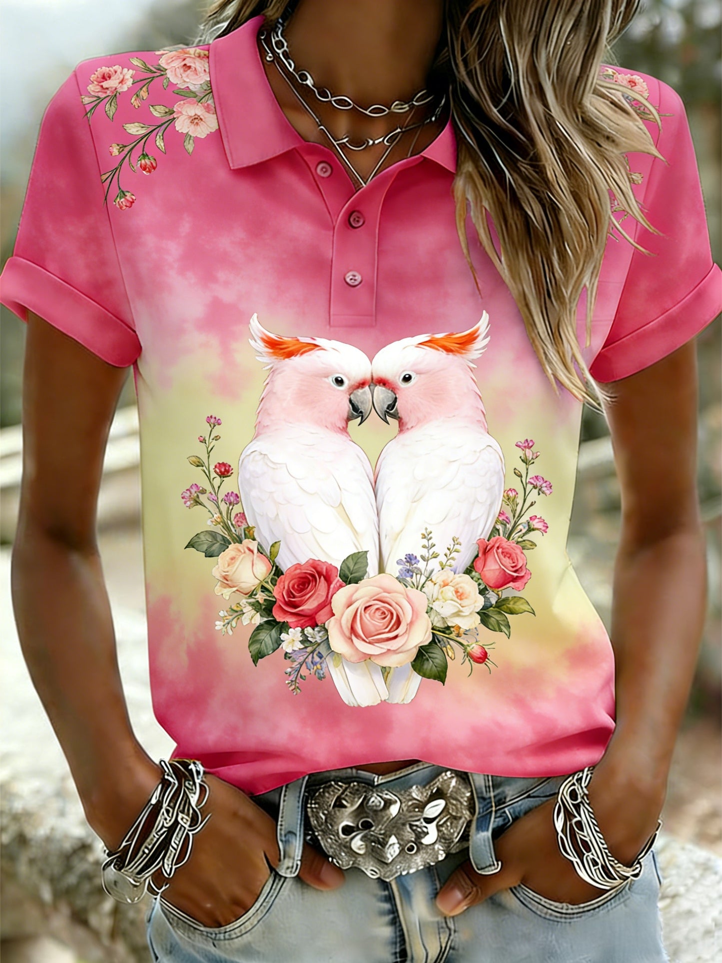 Women's Vintage Aussie Cute Pink Cockatoo Casual Comfortable Short Sleeve T-Shirt