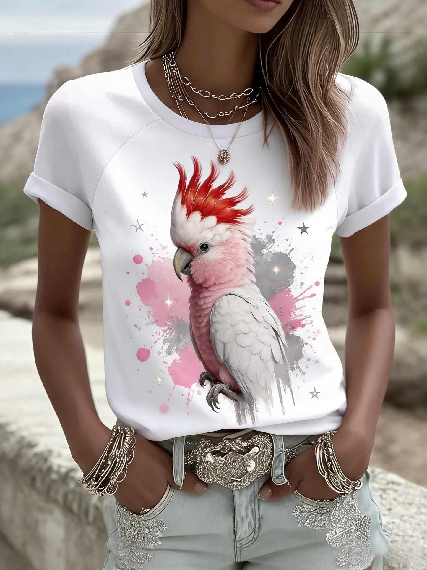 Women's Vintage Aussie Cute Pink Cockatoo Casual Comfortable Short Sleeve T-Shirt