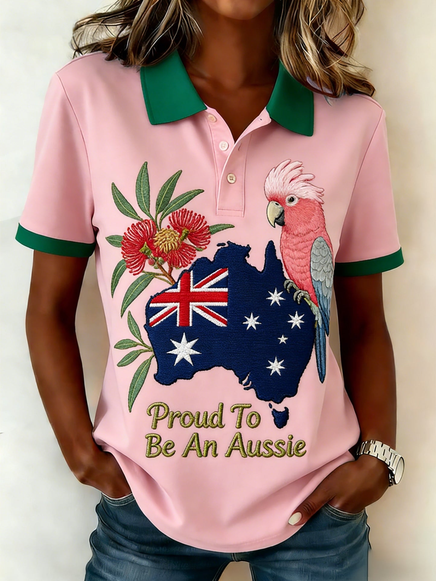 Women's Vintage Aussie Cute Pink Cockatoo Casual Comfortable Short Sleeve Polo Shirt
