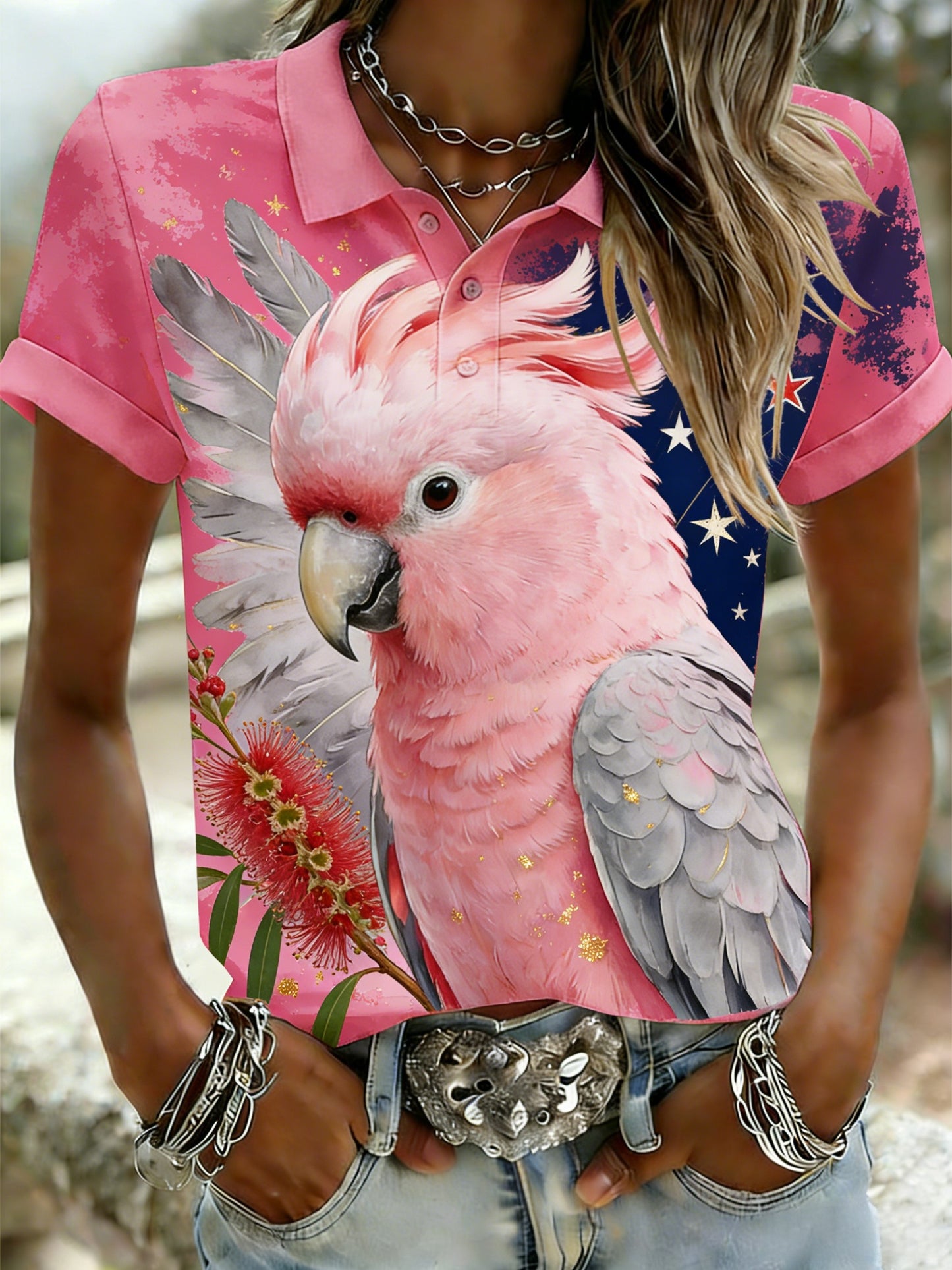 Women's Vintage Aussie Cute Pink Cockatoo Casual Comfortable Short Sleeve Polo Shirt