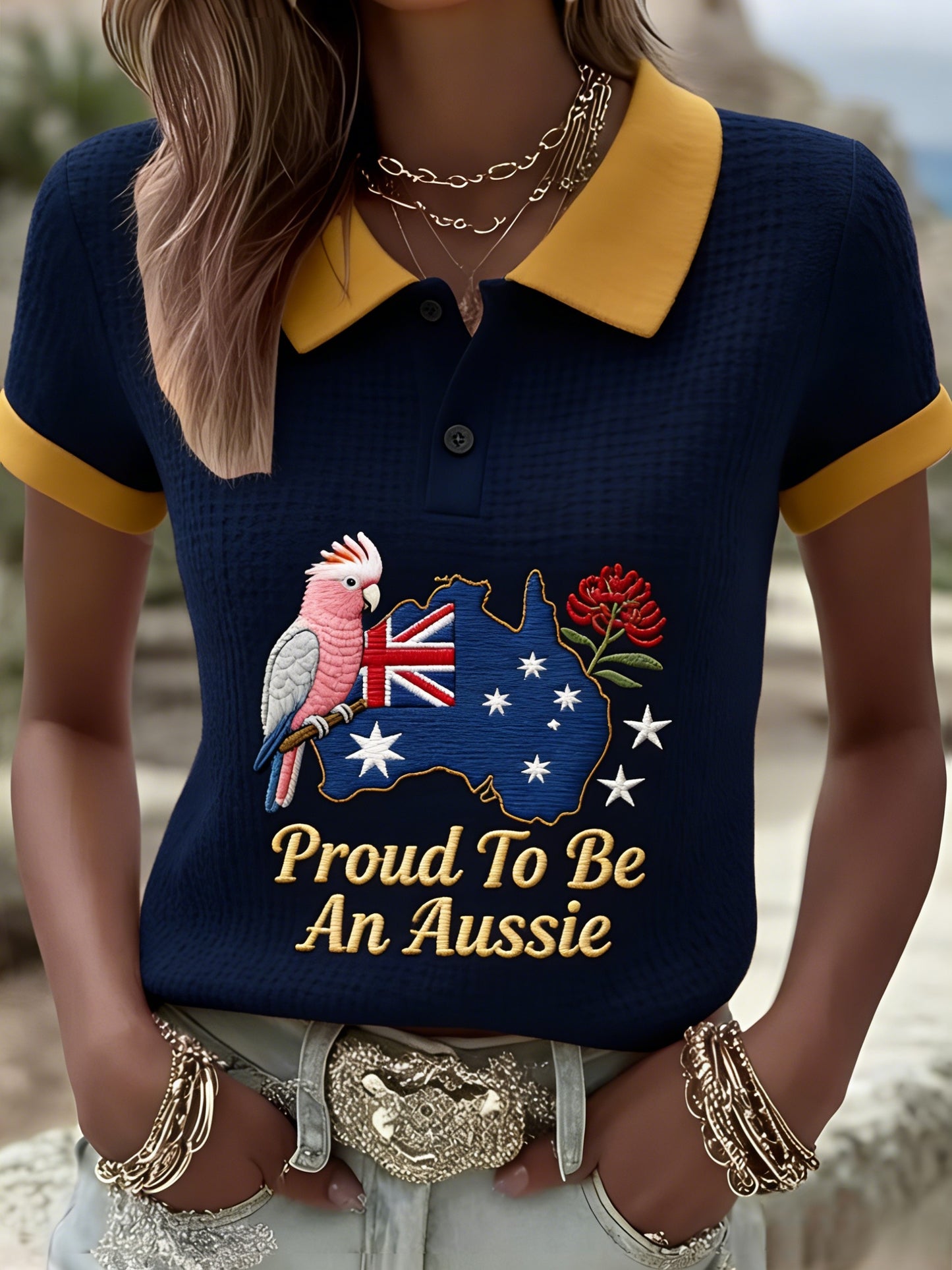 Women's Vintage Aussie Cute Pink Cockatoo Casual Waffle Short Sleeve Polo Shirt