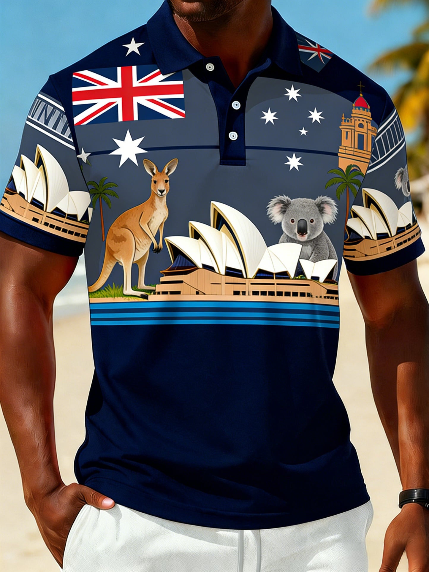 Men's Retro Australian Flag Badge Casual Comfortable Short Sleeve Polo Shirt
