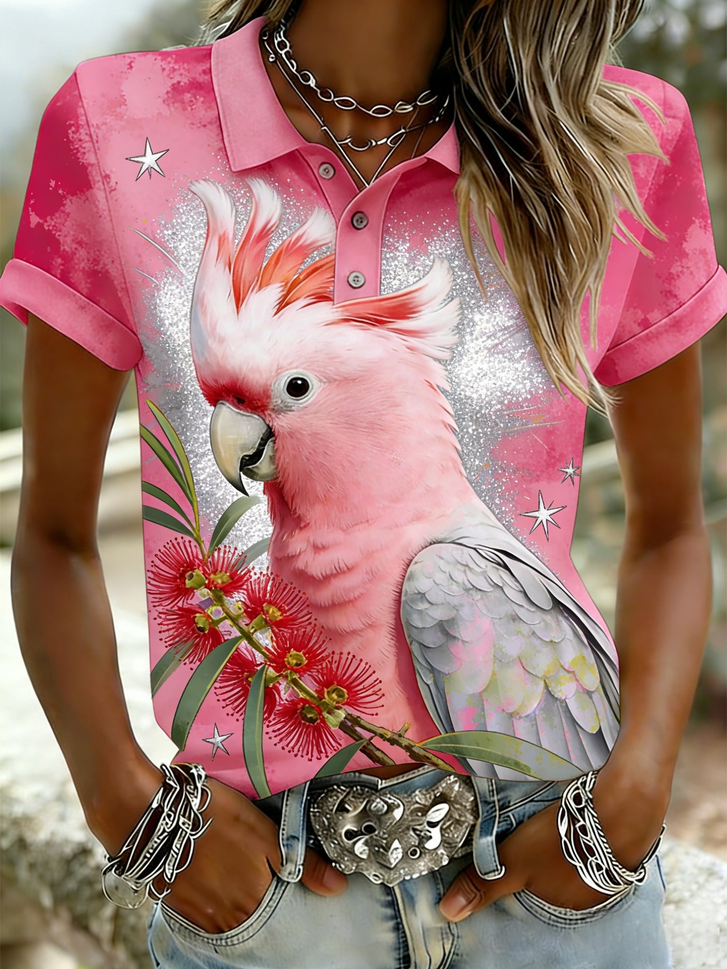 Women's Vintage Aussie Cute Pink Cockatoo Casual Comfortable Short Sleeve Polo Shirt