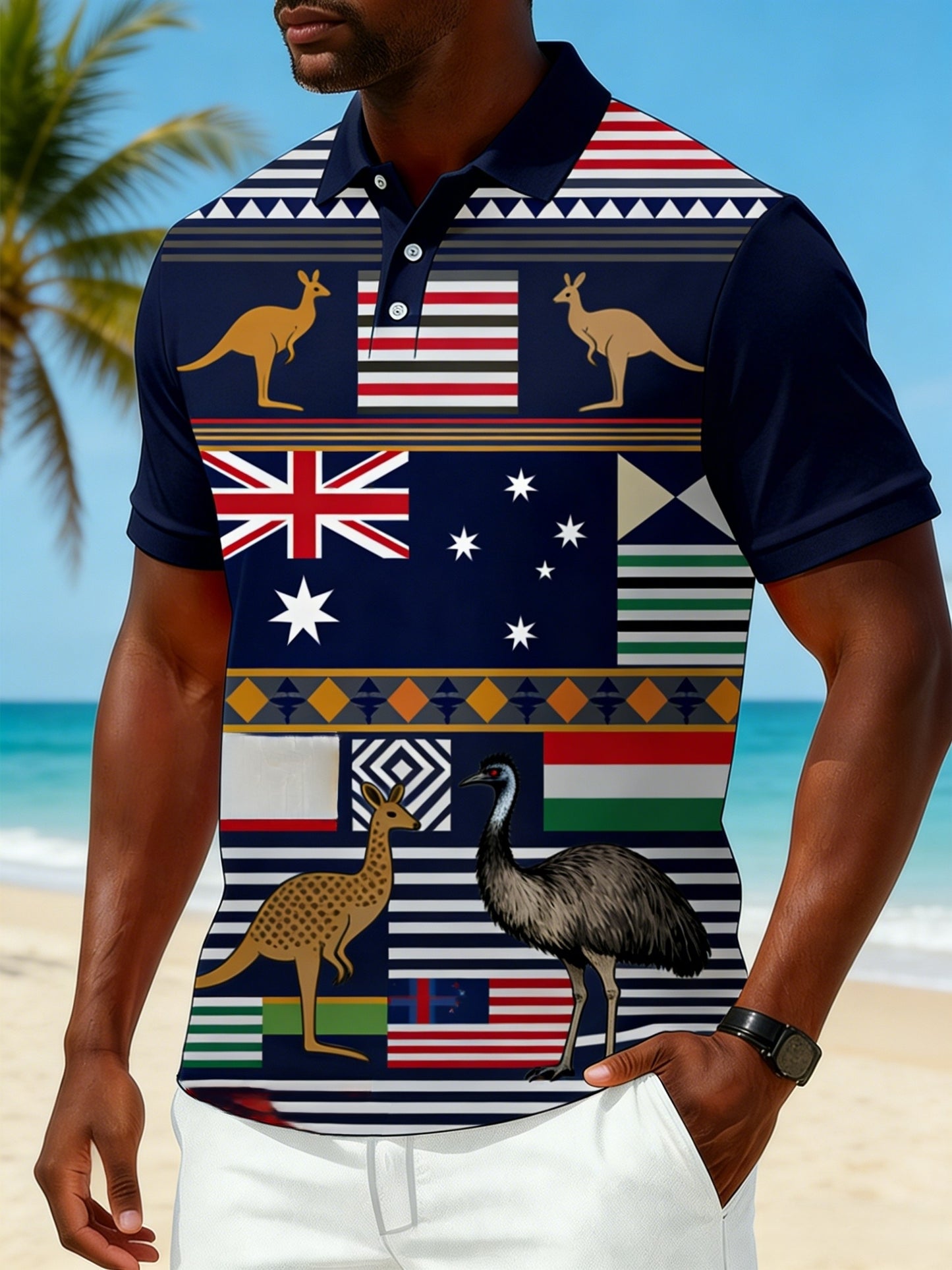 Men's Retro Australian Flag Badge Casual Comfortable Short Sleeve Polo Shirt