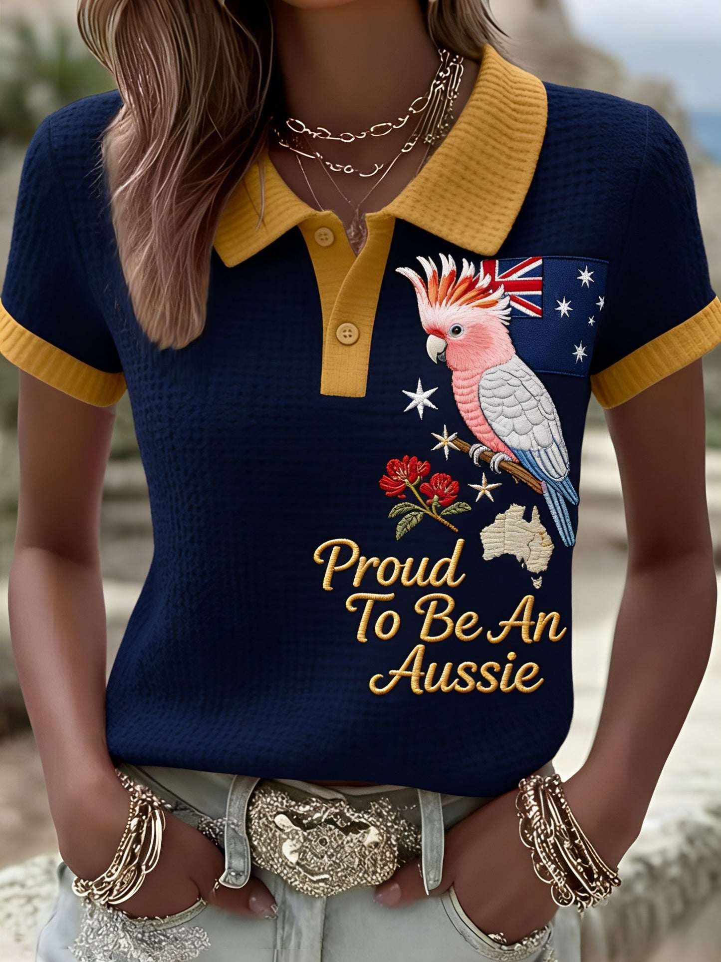 Women's Vintage Aussie Cute Pink Cockatoo Casual Comfortable Short Sleeve Polo Shirt