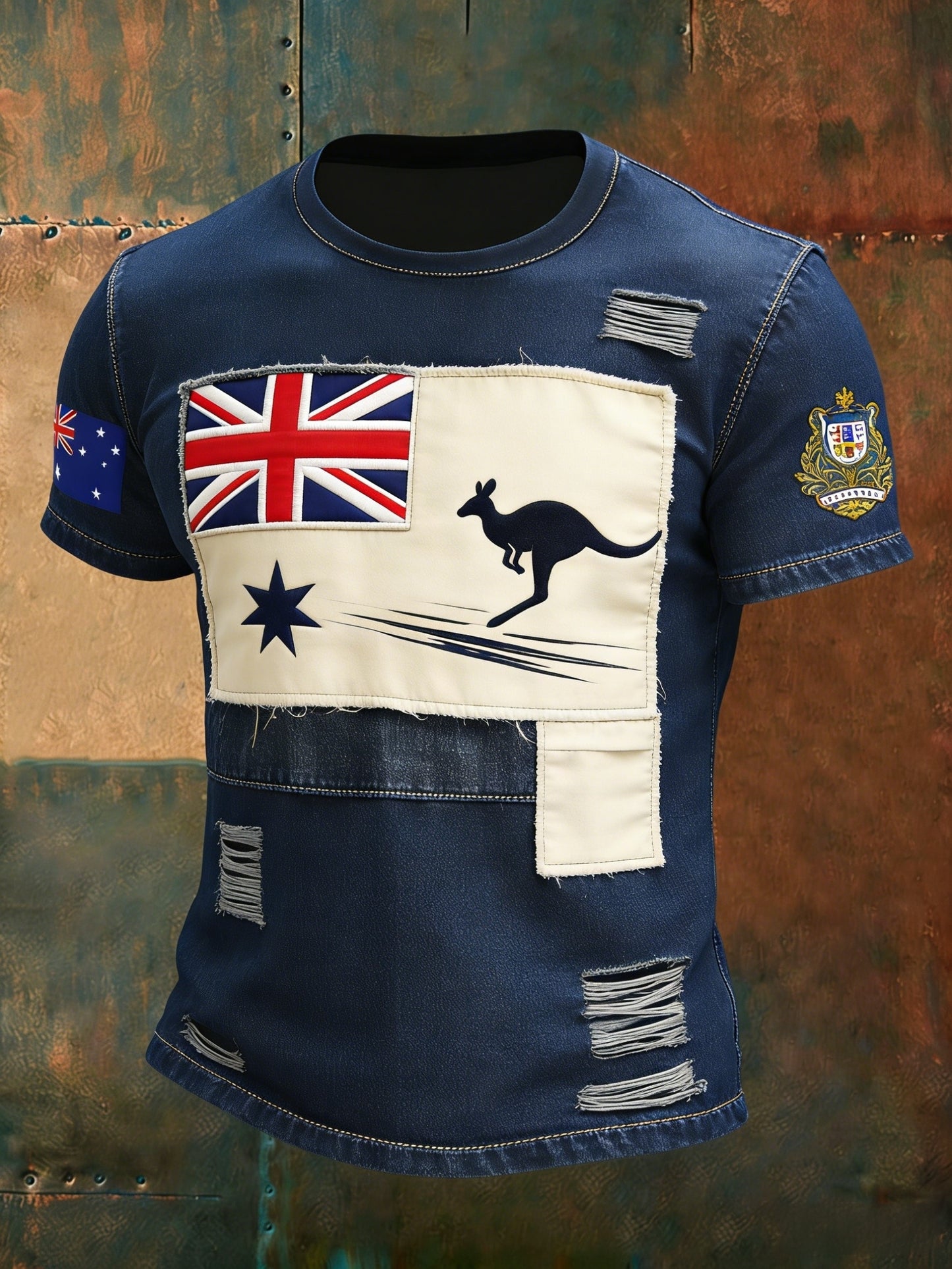 Men's Retro Australian Flag Patch Patchwork Casual Short Sleeve T-Shirt