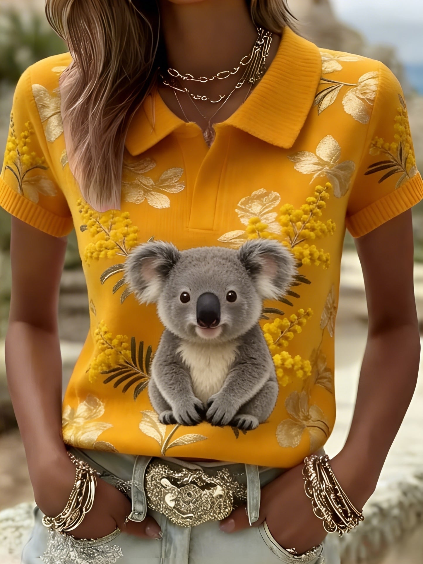 Women's Retro Australian Koala Floral Art Casual Comfortable Short Sleeve T-Shirt