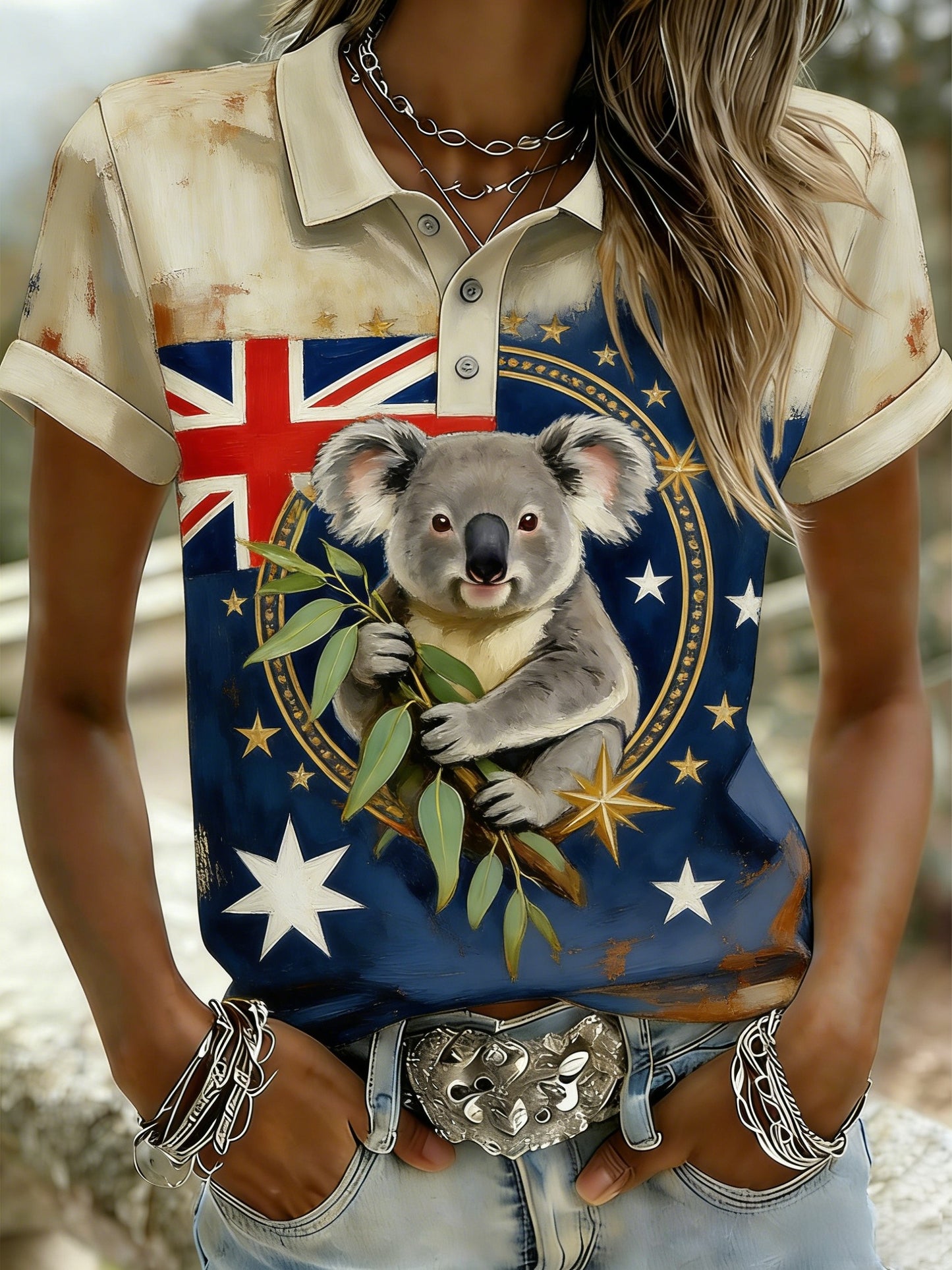 Women's Retro Australian Flag Badge Koala Short-Sleeve Polo Shirt