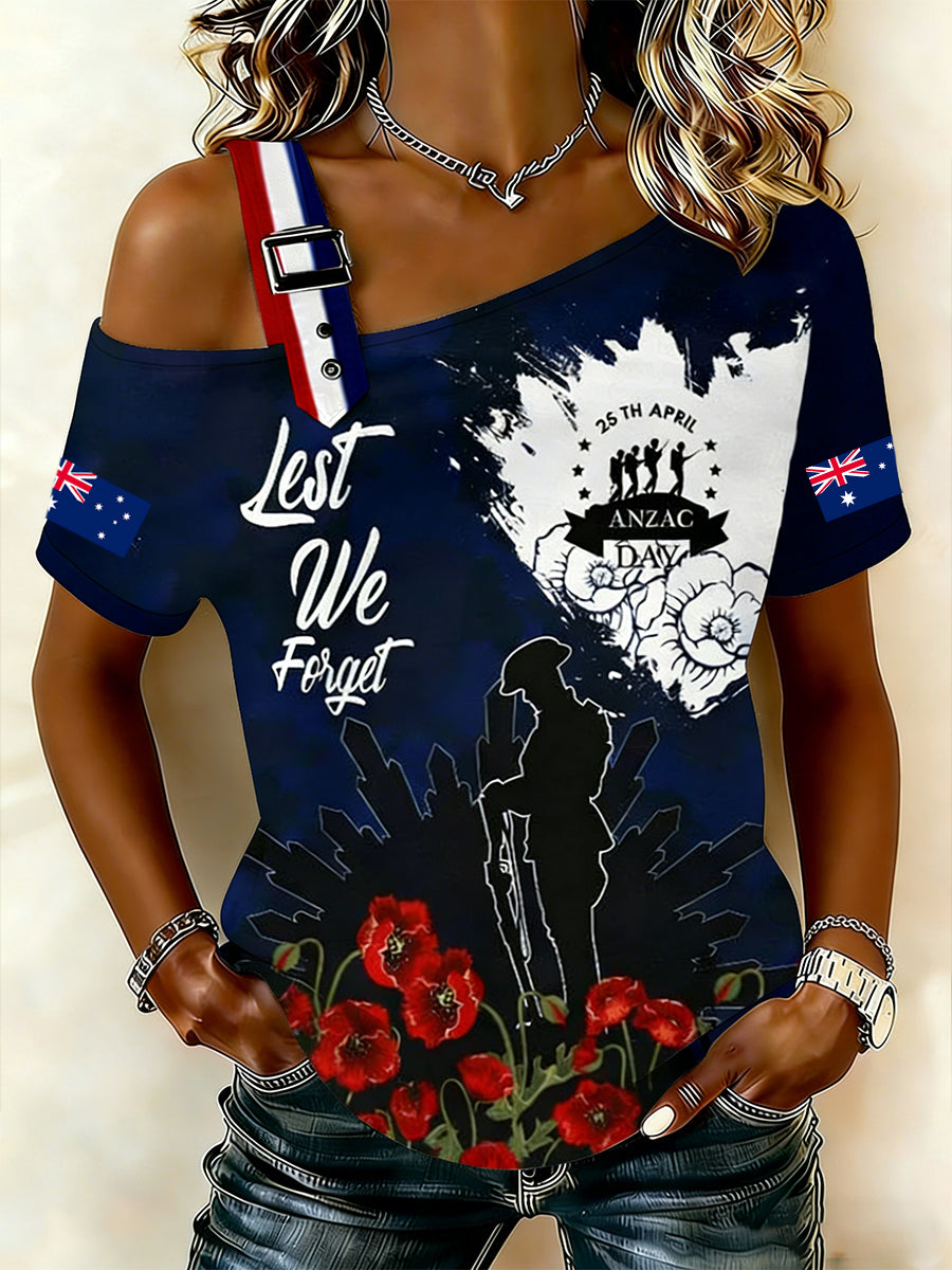 Women's Australia Anzac Day Lest We Forget Print Casual Off-Shoulder Short-Sleeve Tee