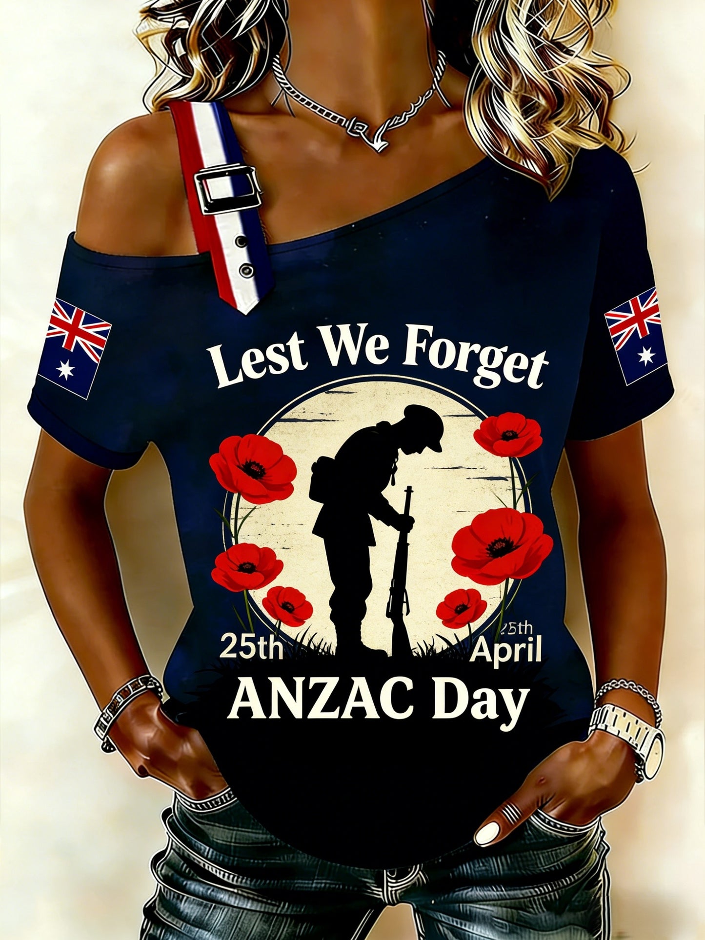 Women's Australia Anzac Day Lest We Forget Off-Shoulder Short-Sleeve T-Shirt