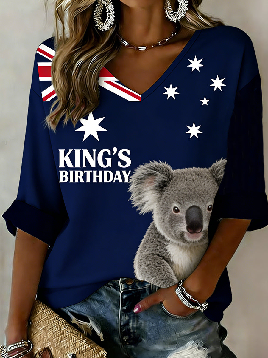 Retro Australian-Style Art "King's Birthday" Print Casual Top
