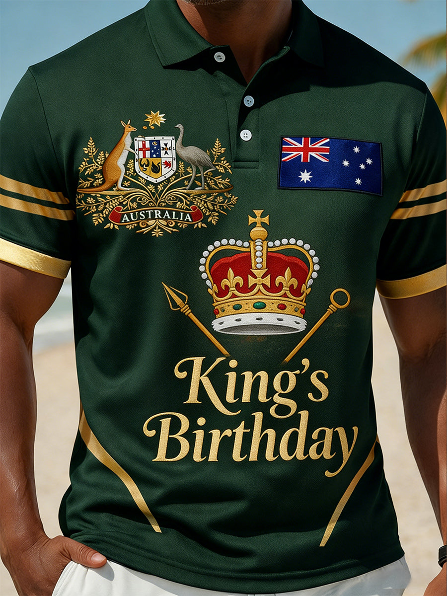 Retro Australian-Style Art "King's Birthday" Print Casual Polo Shirt