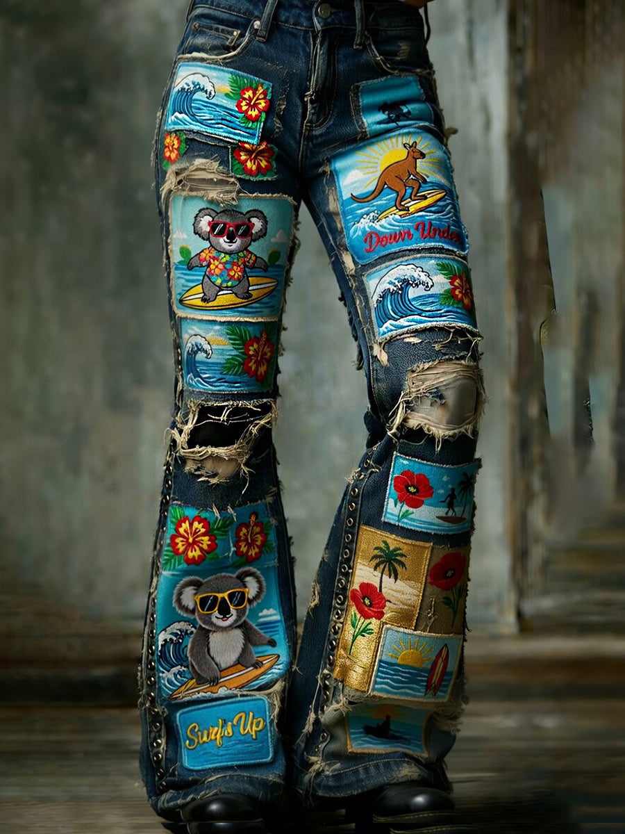 Women's Retro Australian Art Print Casual Jeans