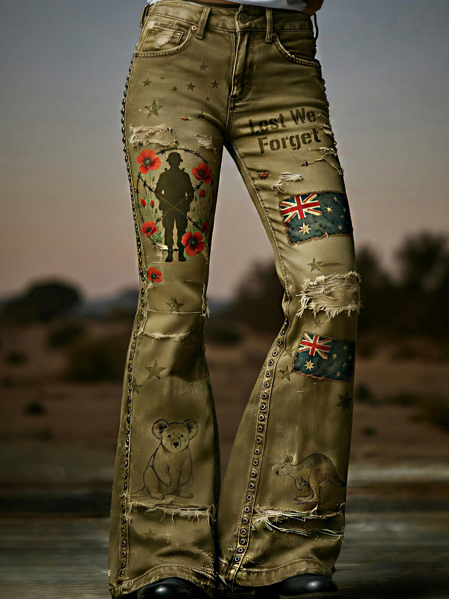Women's Retro Australian Art Print Casual Jeans
