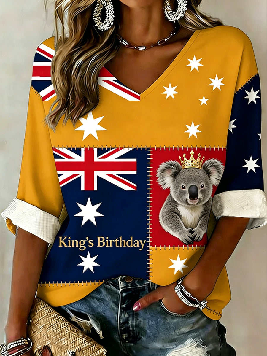 Women's Retro Australian Flag Art "King's Birthday" Print Casual Waffle Top