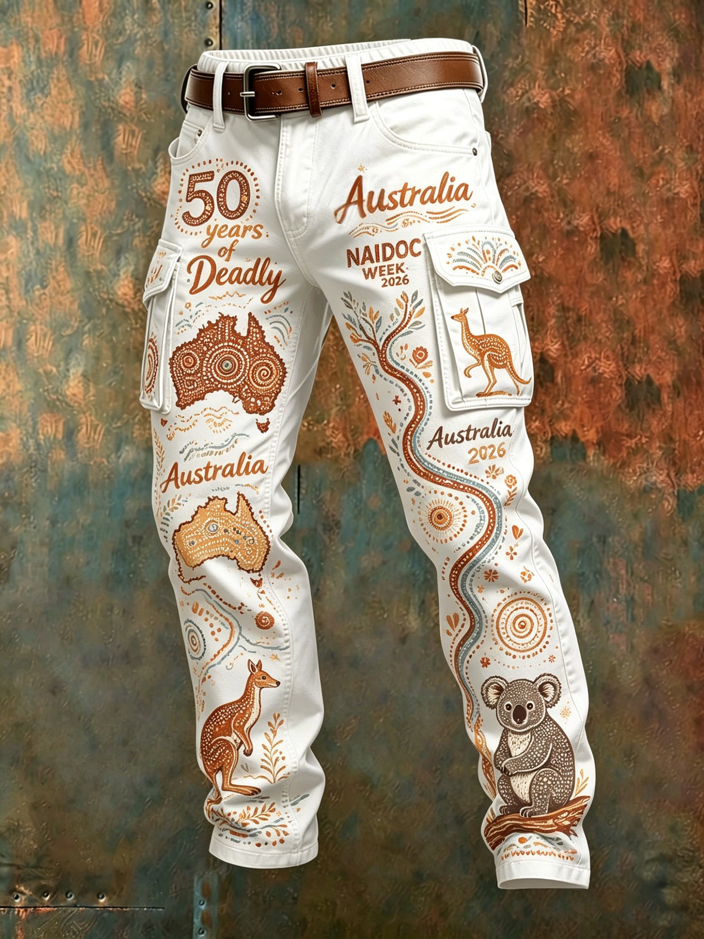 Men's Retro Australian Art Print Business Style Casual Work Trousers