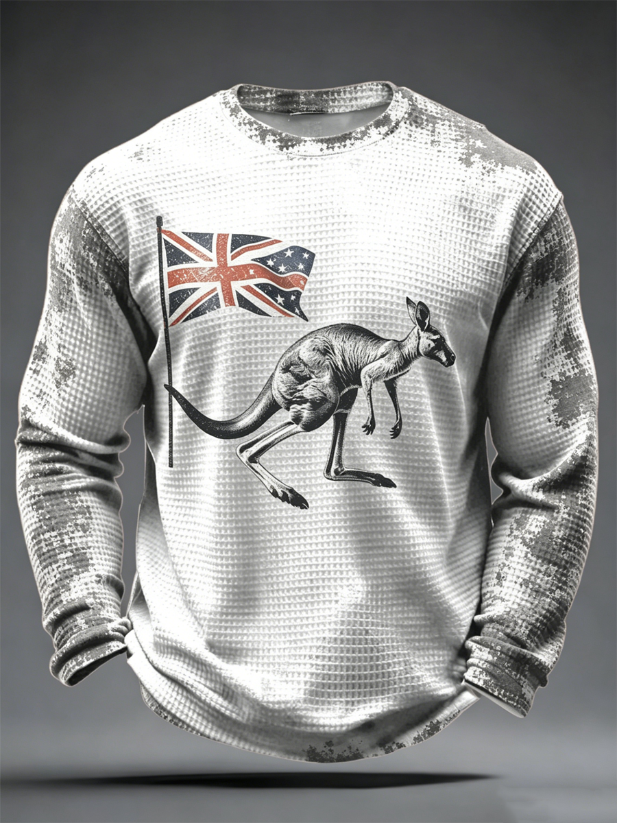 Men's Australian kangaroo print Waffle Long Sleeve T-Shirt