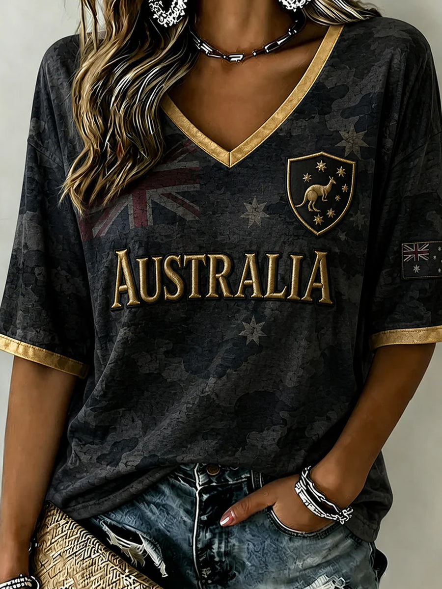 Women's Australia Football Lover Art Printed V-Neck Mid-length Sleeves T-Shirt