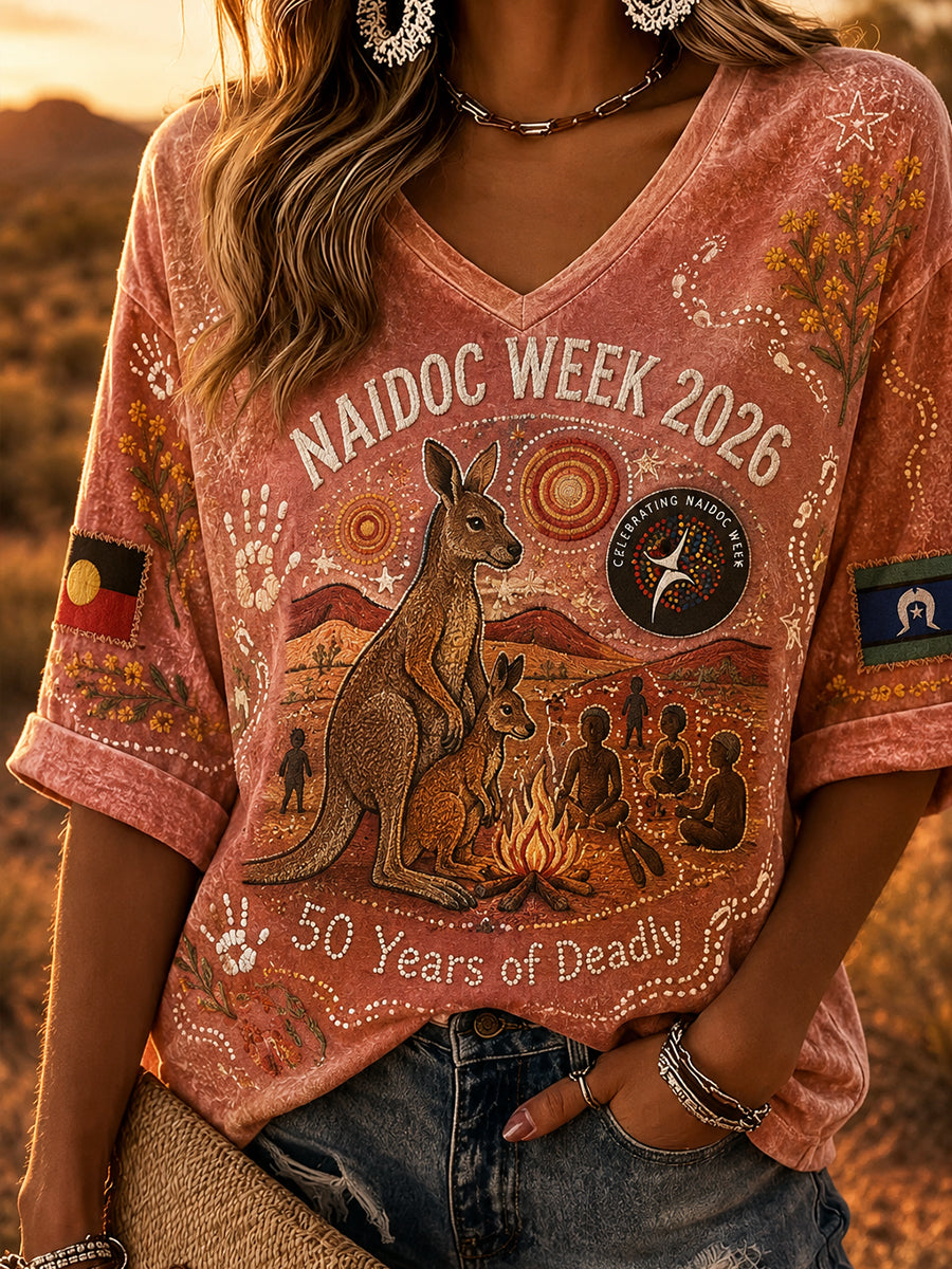 Women's Australia Naidoc Week Pattern Linen V-Neck Shirt