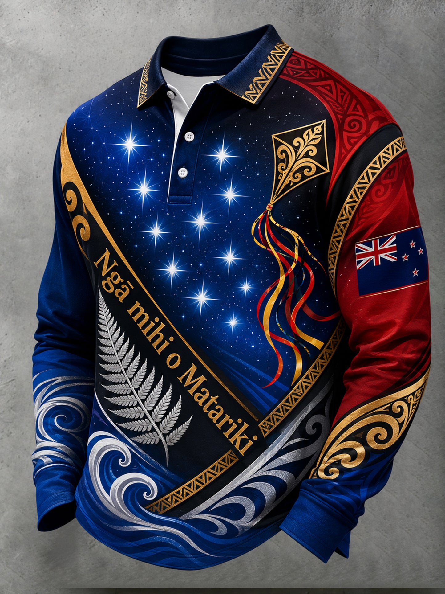 Men's New Year Maori Cultural Commemorative Art Print Long-Sleeve Polo