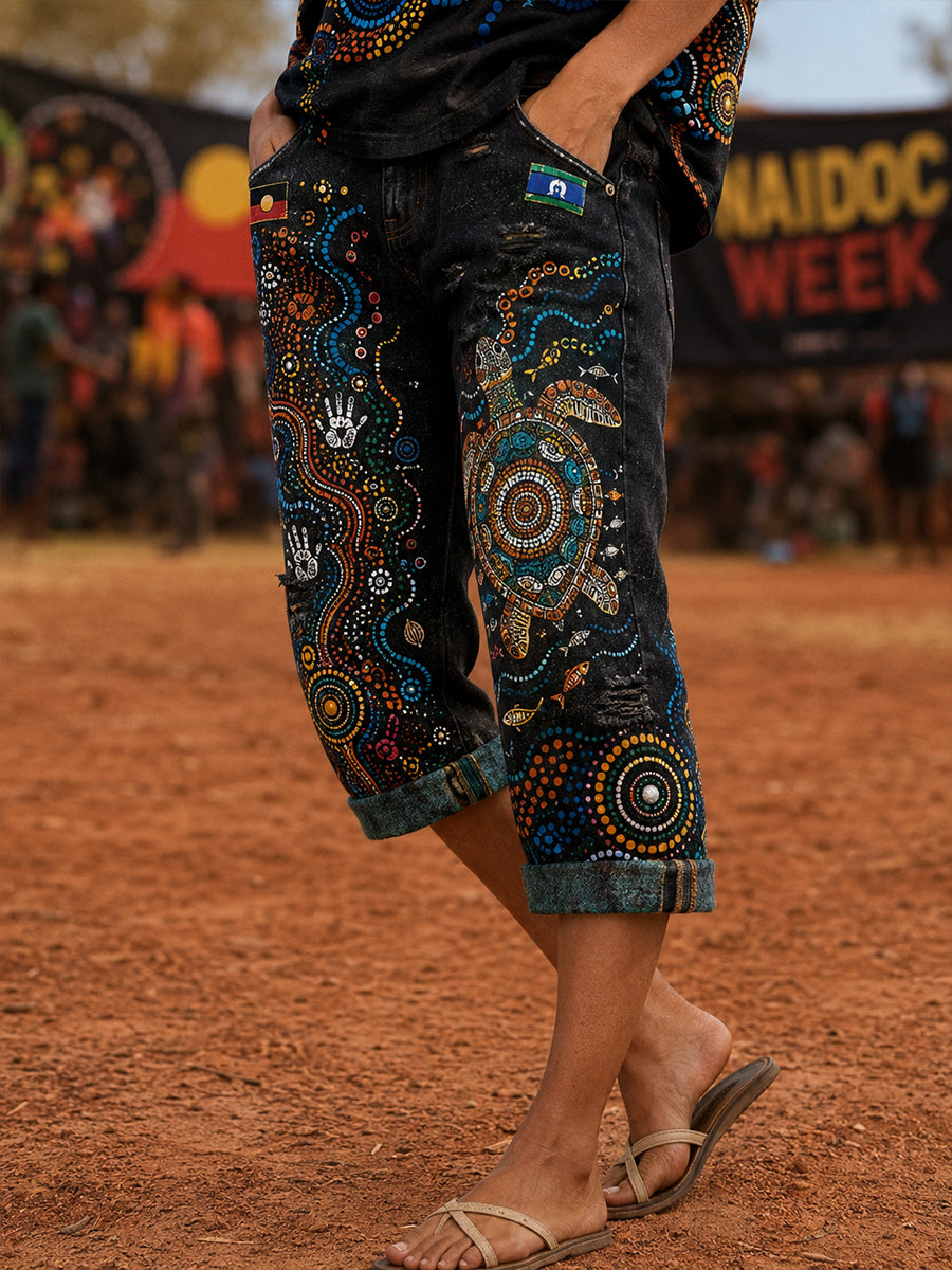 Women's Australia Naidoc Week Pattern Denim Patchwork Capri Pants