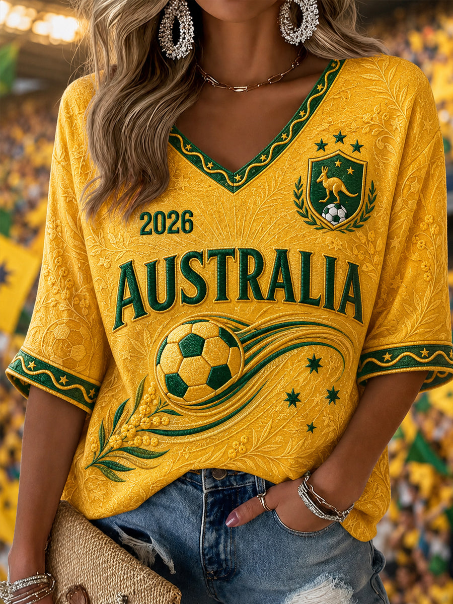 Women's Australia Soccer Fan Gift Mid-length Sleeves V-Neck T-Shirt