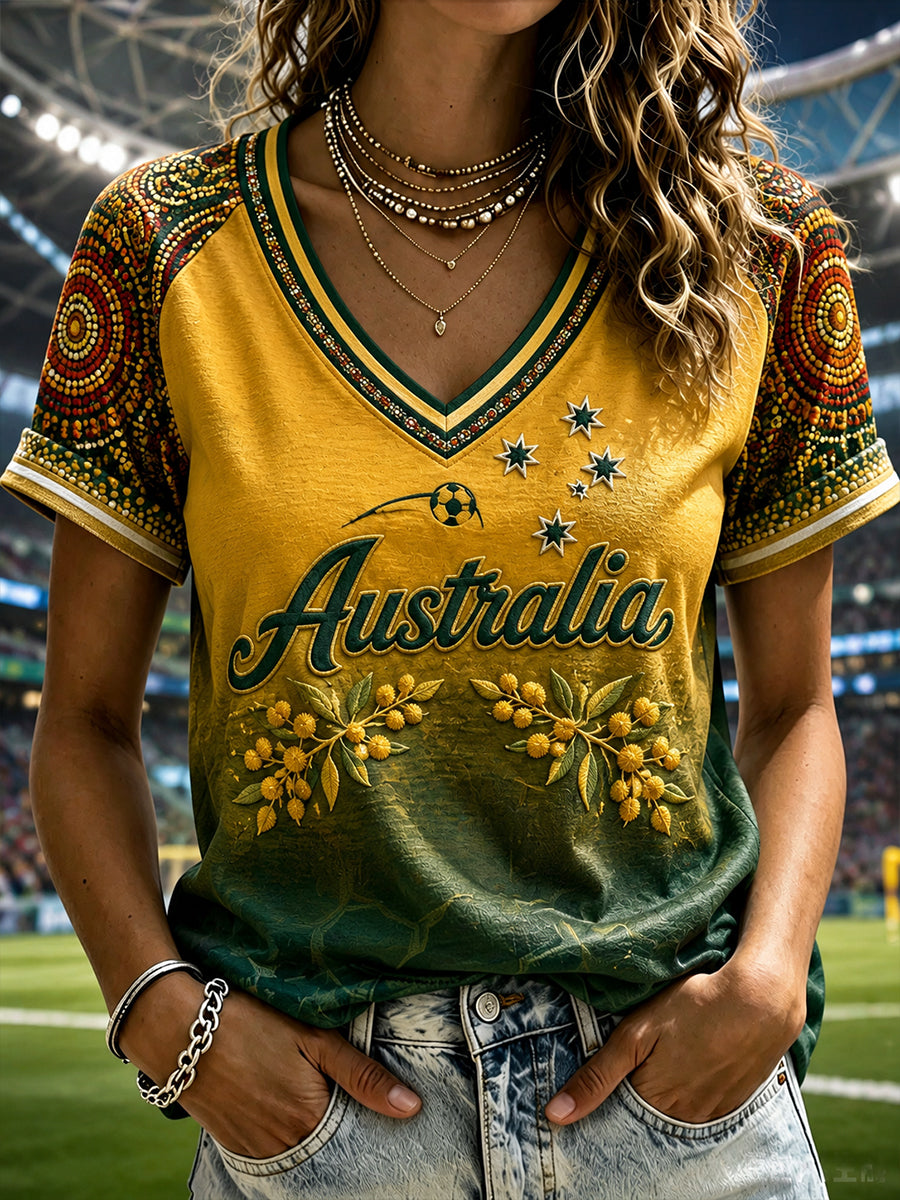 Women's Australia Football V-Neck Off-Shoulder Short-Sleeved T-Shirt