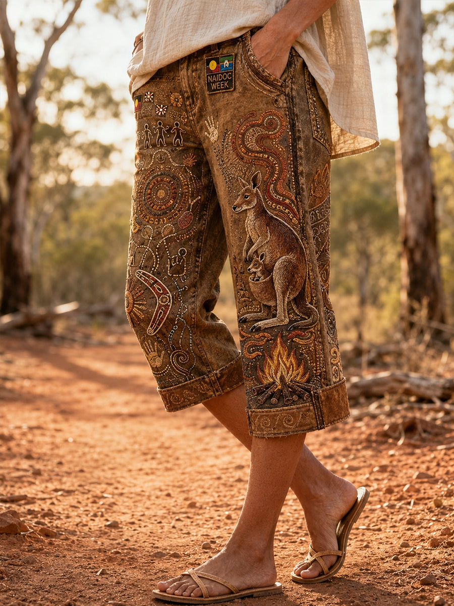 Women's Australia Naidoc Week Pattern Denim Patchwork Capri Pants