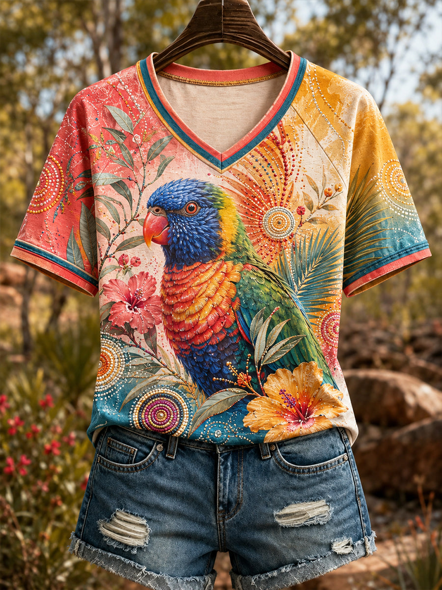 Women's Australian Rainbow Lorikeet V-Neck Off-Shoulder Short-Sleeved T-Shirt