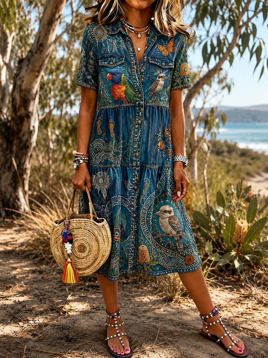 Women's Vintage Australian Ethnic Art Print Casual Dress
