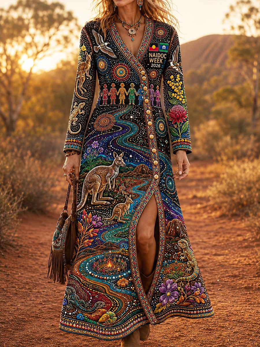 Women's Australia Naidoc Week Art Vintage Classy Side Buttons Slit Bottom Flowy Maxi Dress