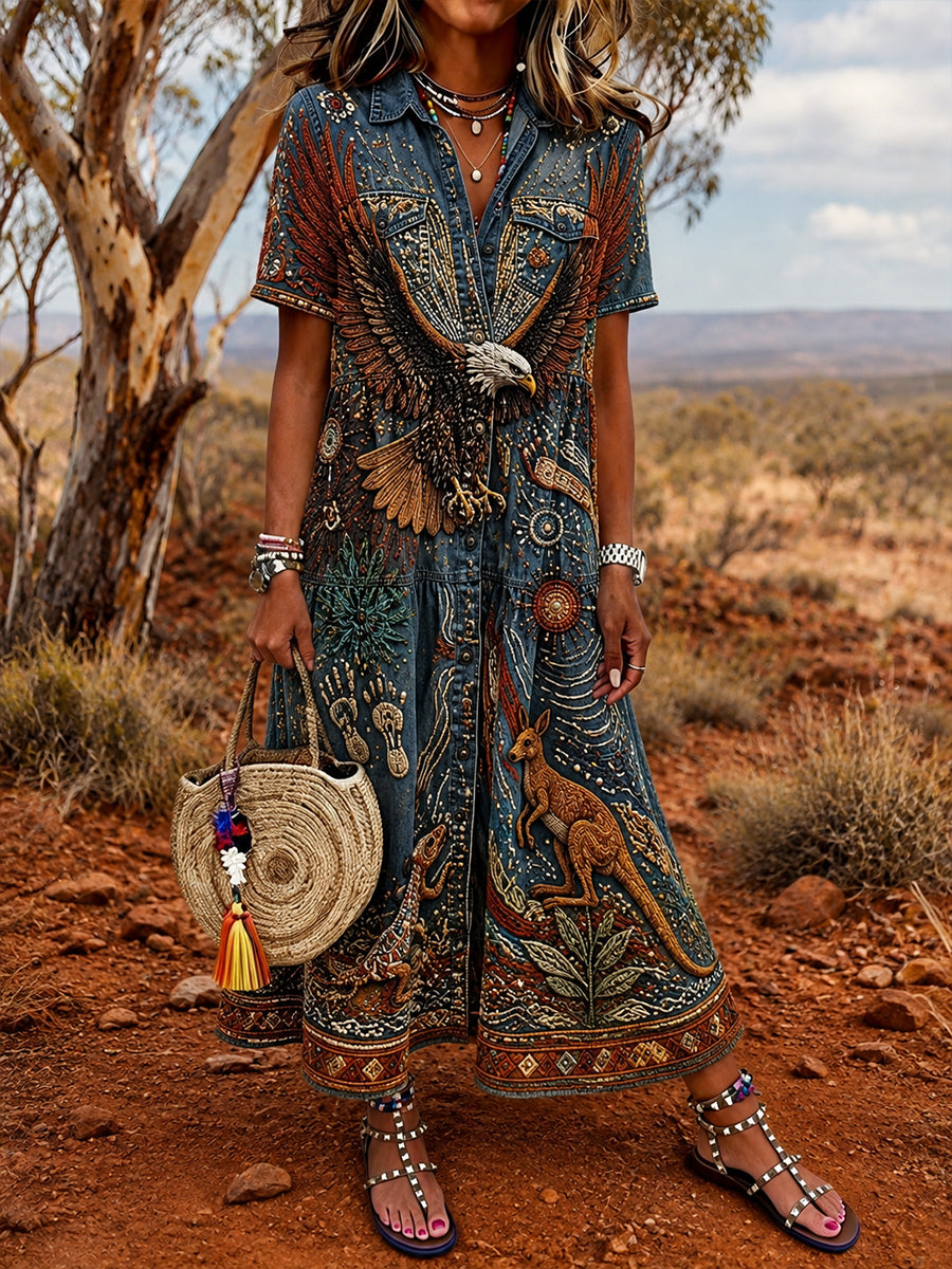 Women's Vintage Australian Ethnic Art Print Casual Dress