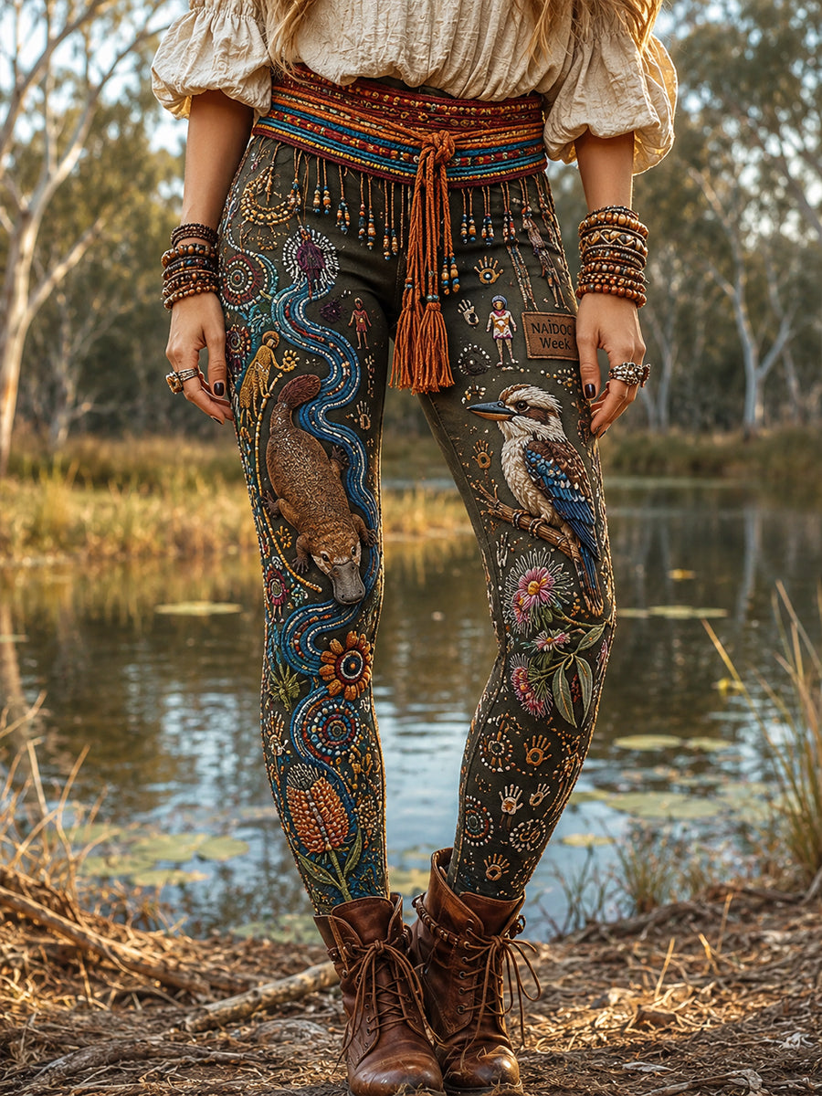 Retro Australian-Inspired Ethnic Art Print Casual Leggings