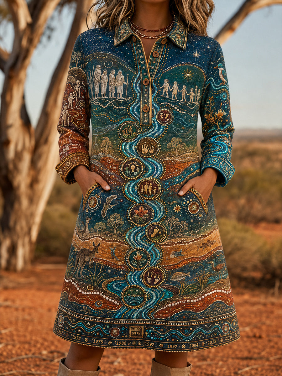 Women's Australia Naidoc Week Vintage Lapel Pocket Dress