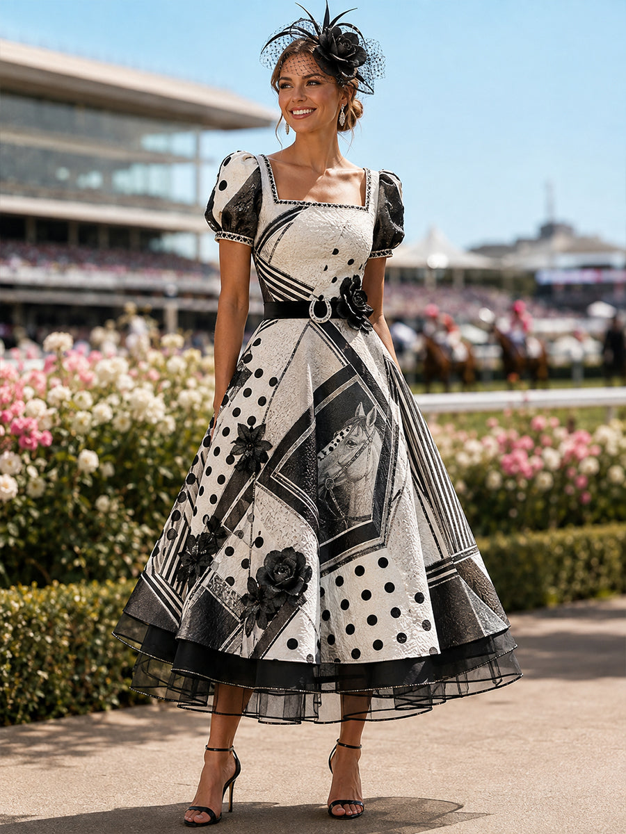 Women's Australian Horse Racing Art Print V Neck Elegant Midi Dress