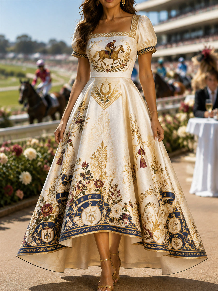 Women's Australian Horse Racing Print V Neck Elegant Midi Dress