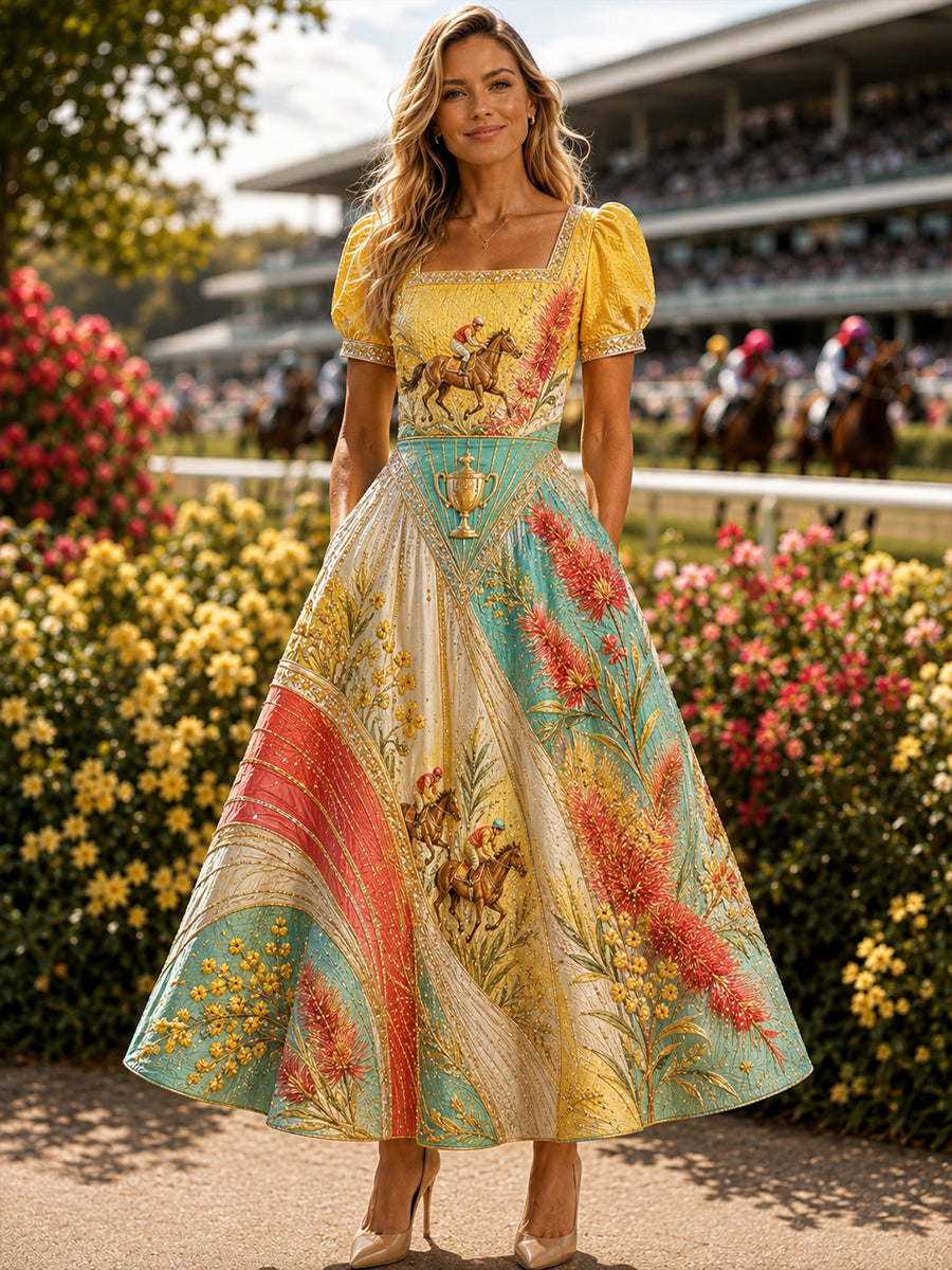 Women's Australian Horse Racing Print V Neck Elegant Midi Dress