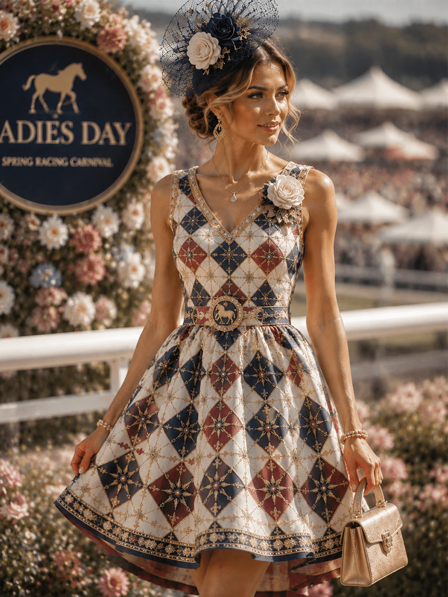 Women's Vintage Melbourne Cup Australian Horse Racing V-neck Sleeveless Dress