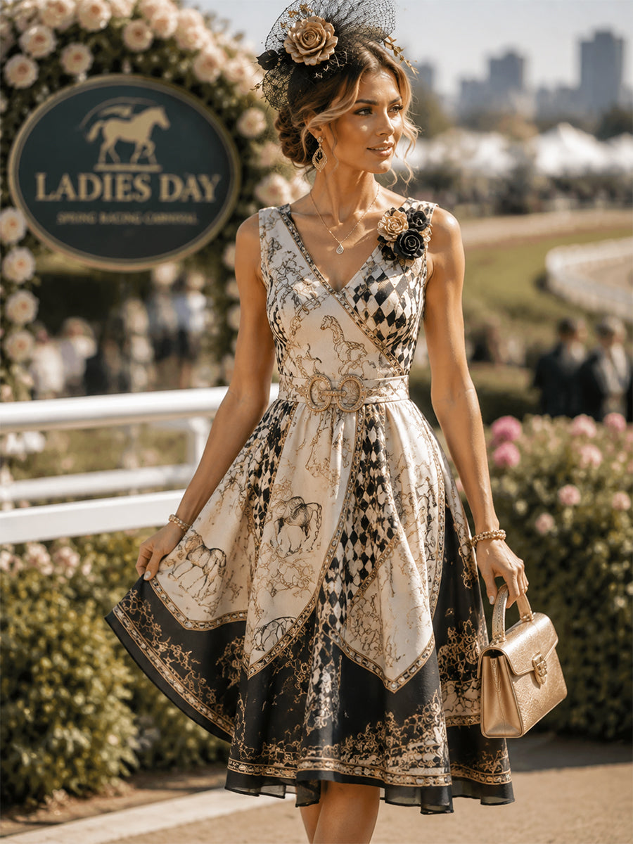 Women's Vintage Melbourne Cup Australian Horse Racing V-neck Sleeveless Dress