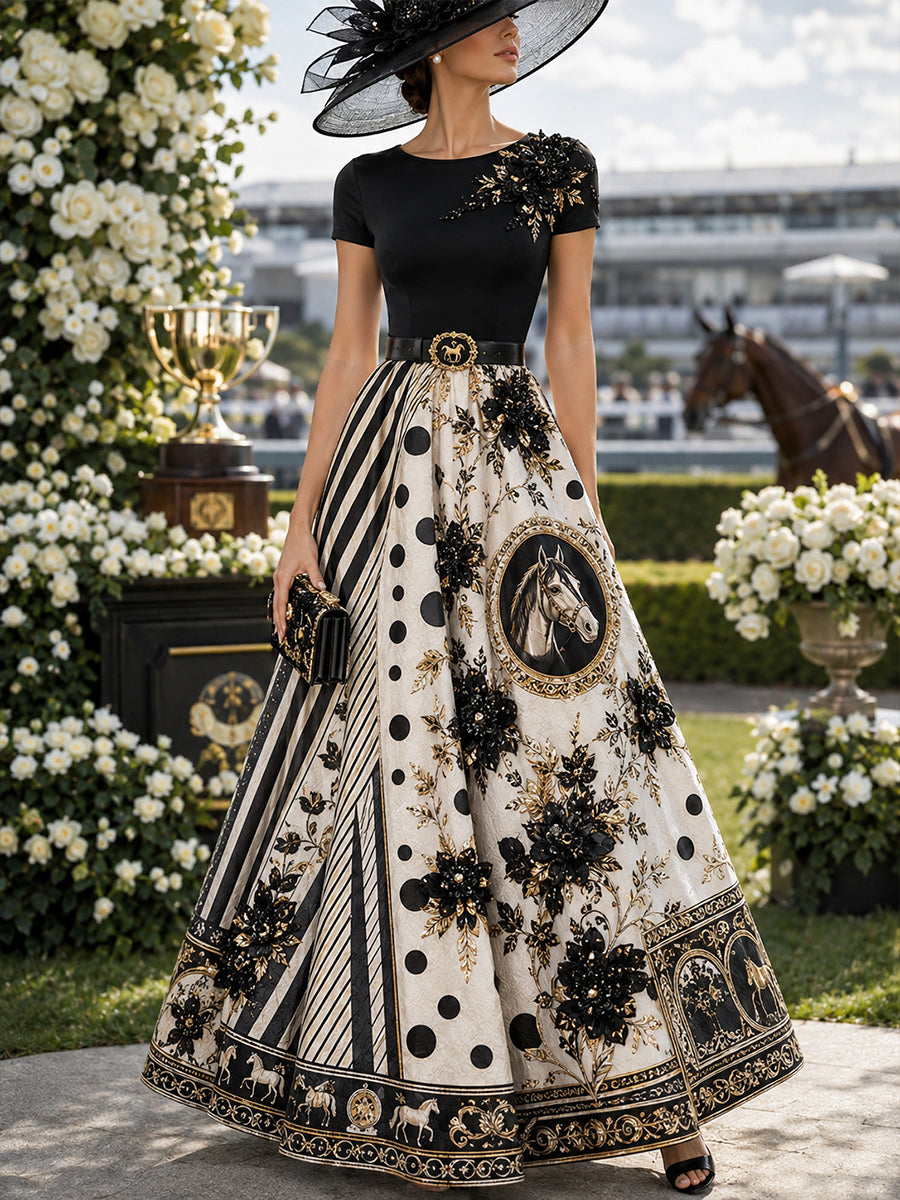 Women's Australian Horse Racing Print Elegant Midi Dress