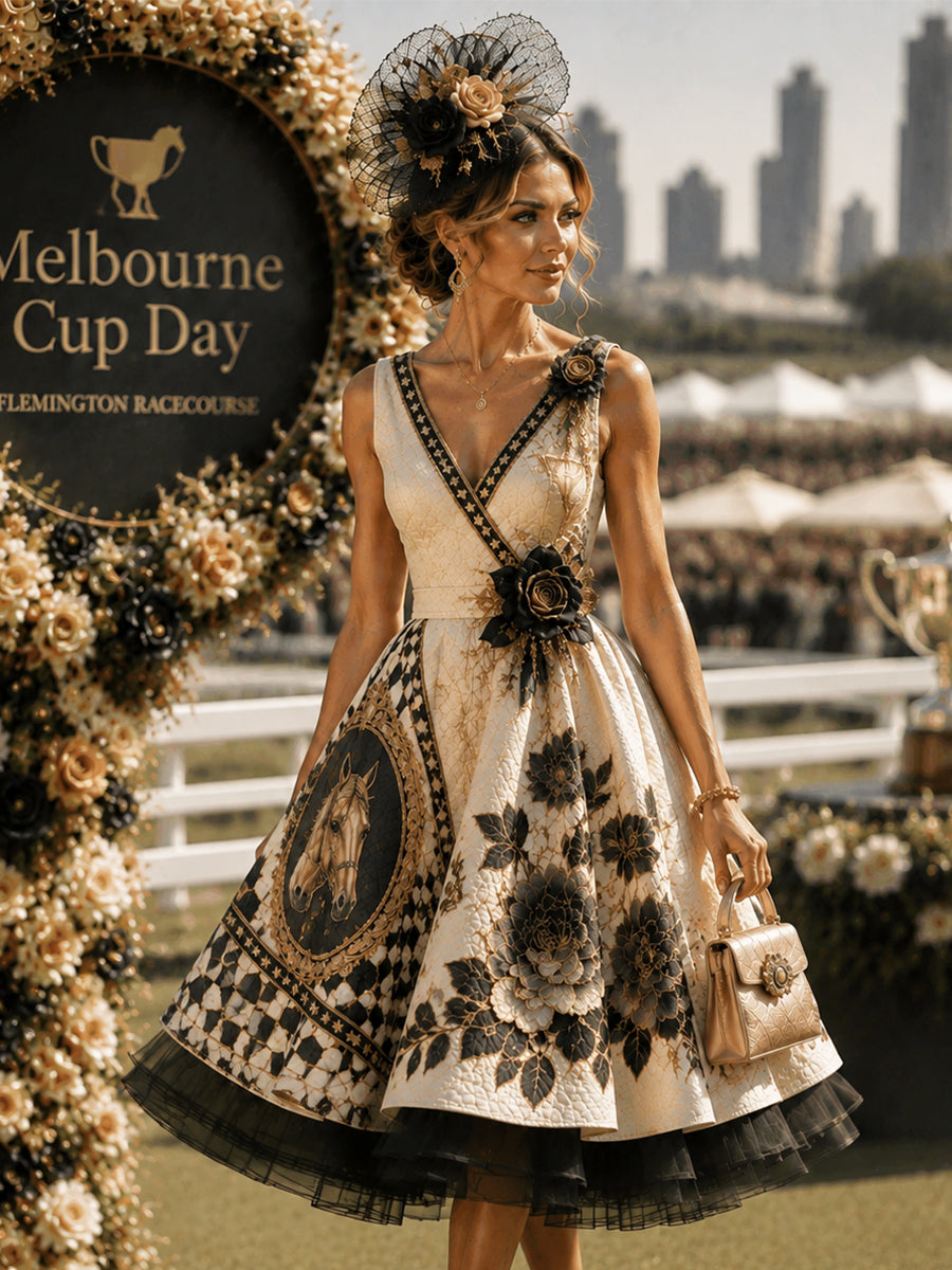 Women's Vintage Melbourne Cup Australian Horse Racing V-neck Sleeveless Dress
